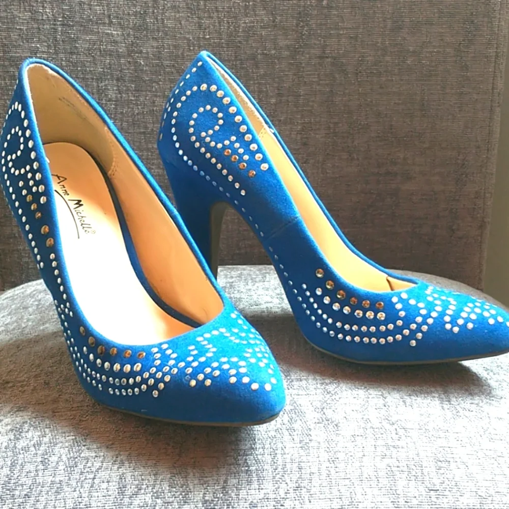 Anne Michelle Blue Studded Pointed-Toe Heels